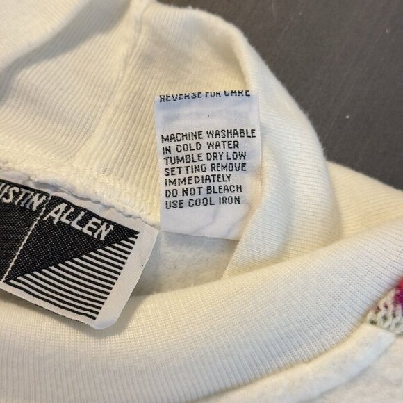 Vintage Justin Allen Knit Roses Women Fleece Cream Long Sleeve Sweatshirt Small - Picture 6 of 11